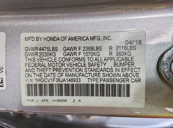 1HGCV1F36JA148933 2018 HONDA ACCORD Gray Շարժիչի բաժամունքի տեսք
