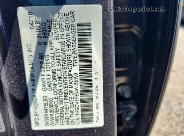 1HGCV1F36JA155199 2018 HONDA ACCORD Gray Շարժիչի բաժամունքի տեսք
