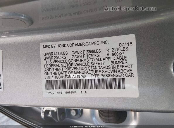 1HGCV1F36JA218740 2018 HONDA ACCORD Серебряный Вид подкапотного пространства