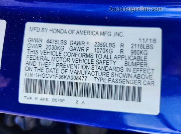 1HGCV1F36KA008477 2019 HONDA ACCORD Синий Вид наклейки с VIN-кодом