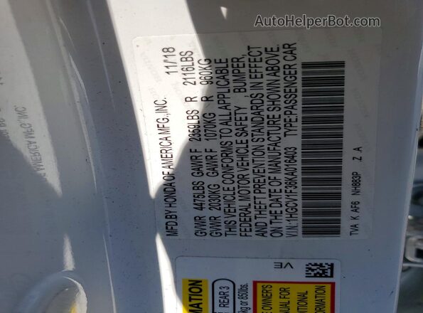 1HGCV1F36KA016403 2019 HONDA ACCORD White Շարժիչի բաժամունքի տեսք