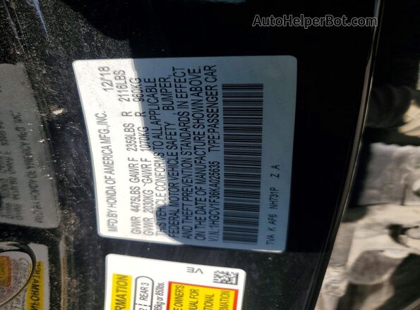 1HGCV1F36KA025635 2019 HONDA ACCORD Black Вид наклейки з VIN-кодом