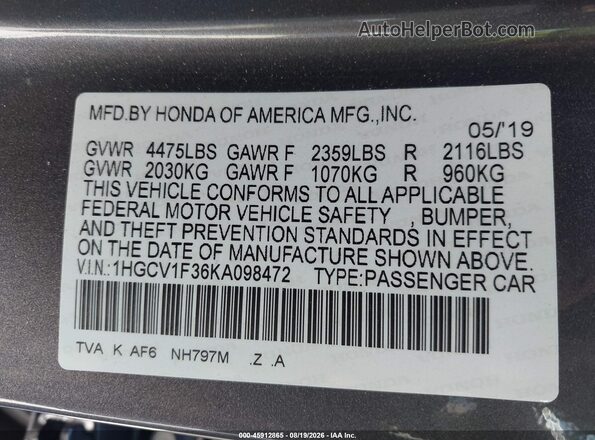 1HGCV1F36KA098472 2019 HONDA ACCORD Gray Engine compartment view