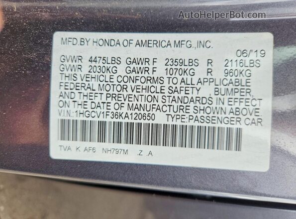 1HGCV1F36KA120650 2019 HONDA ACCORD Gray Widok komory silnika