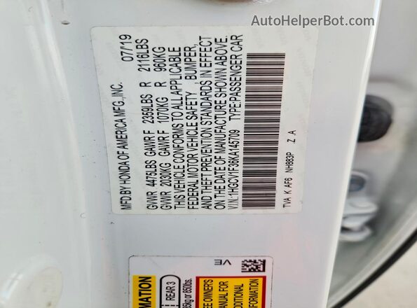 1HGCV1F36KA145709 2019 HONDA ACCORD White Engine compartment view