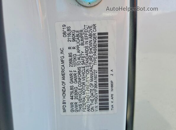 1HGCV1F36KA160727 2019 HONDA ACCORD White Engine compartment view