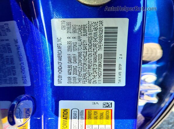 1HGCV1F36KA170223 2019 HONDA ACCORD Blue Vista de la etiqueta del VIN