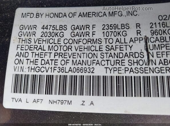 1HGCV1F36LA066932 2020 HONDA ACCORD Gray Вид підкапотного простору