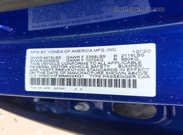1HGCV1F36MA024021 2021 HONDA ACCORD Blue Вид наклейки з VIN-кодом