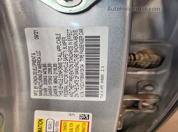 1HGCV1F36MA109134 2021 HONDA ACCORD Silver Вид наклейки з VIN-кодом