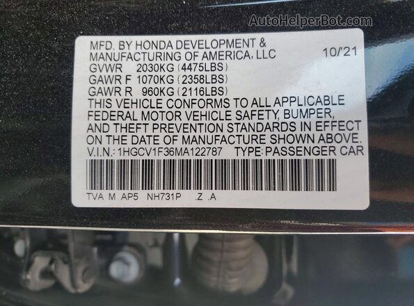 1HGCV1F36MA122787 2021 HONDA ACCORD Black Widok komory silnika