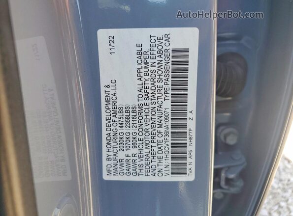 1HGCV1F36NA109071 2022 HONDA ACCORD Gray Widok komory silnika