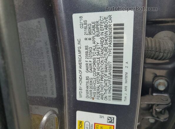 1HGCV1F37JA103077 2018 HONDA ACCORD Gray Շարժիչի բաժամունքի տեսք