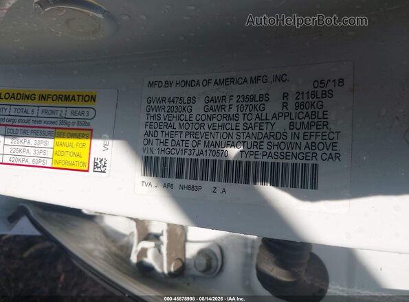 1HGCV1F37JA170570 2018 HONDA ACCORD White ძრავის განყოფილების ხედი