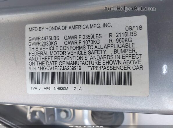 1HGCV1F37JA239919 2018 HONDA ACCORD Silver ძრავის განყოფილების ხედი