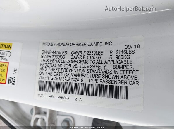 1HGCV1F37JA242416 2018 HONDA ACCORD Белый Вид подкапотного пространства
