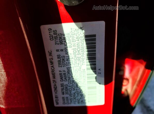 1HGCV1F37KA051094 2019 HONDA ACCORD Red ძრავის განყოფილების ხედი