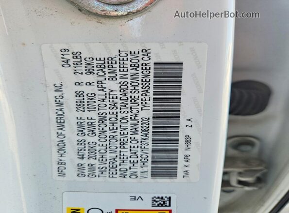 1HGCV1F37KA082202 2019 HONDA ACCORD White Widok komory silnika