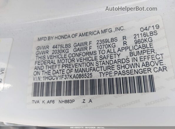 1HGCV1F37KA086525 2019 HONDA ACCORD White Engine compartment view