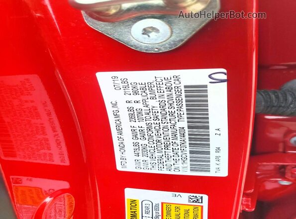 1HGCV1F37KA144004 2019 HONDA ACCORD Red VIN sticker view
