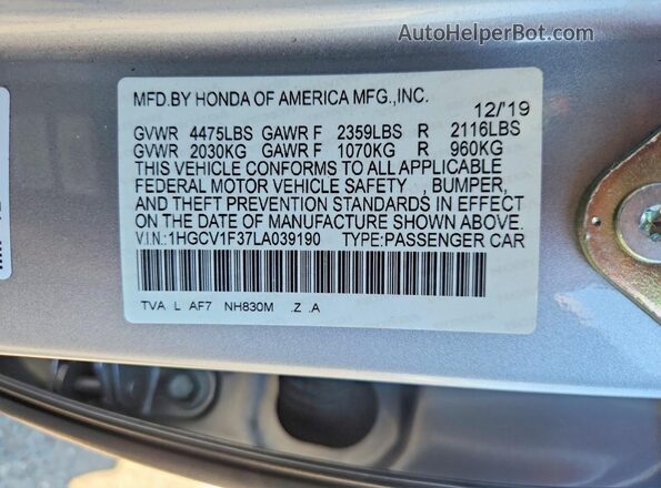 1HGCV1F37LA039190 2020 HONDA ACCORD Серебряный Вид наклейки с VIN-кодом
