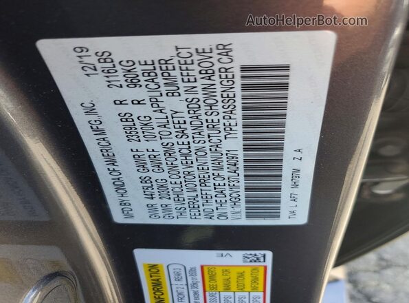 1HGCV1F37LA040971 2020 HONDA ACCORD Gray VIN sticker view