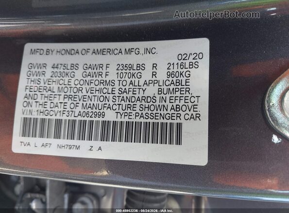 1HGCV1F37LA062999 2020 HONDA ACCORD Gray Vista del compartimento del motor