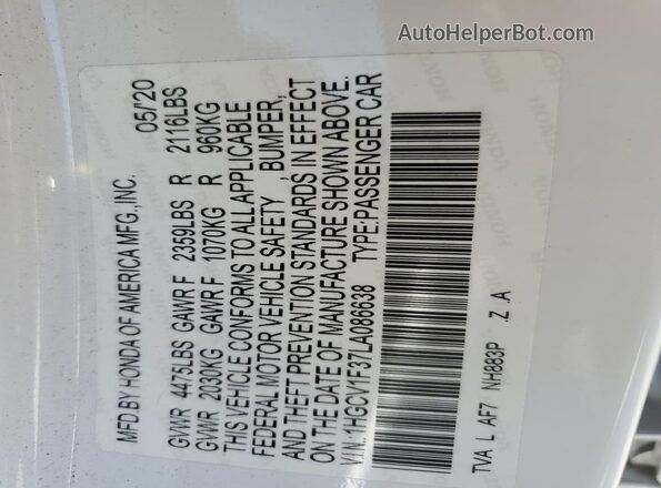 1HGCV1F37LA086638 2020 HONDA ACCORD White Շարժիչի բաժամունքի տեսք