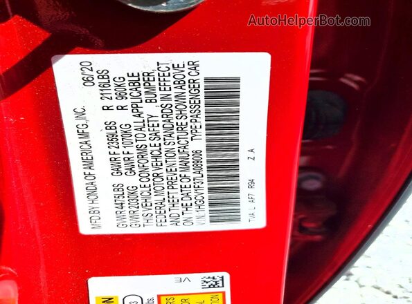 1HGCV1F37LA089006 2020 HONDA ACCORD Красный Вид подкапотного пространства