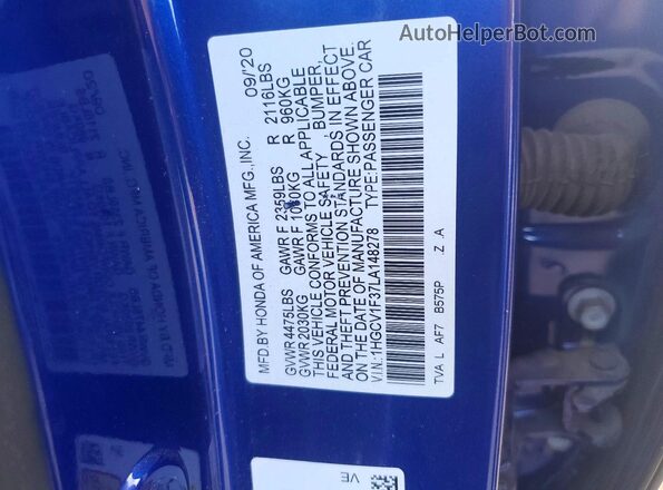 1HGCV1F37LA148278 2020 HONDA ACCORD Синий Вид наклейки с VIN-кодом
