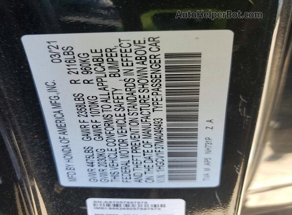 1HGCV1F37MA049493 2021 HONDA ACCORD Черный Вид наклейки с VIN-кодом