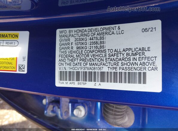 1HGCV1F37MA081067 2021 HONDA ACCORD Blue Շարժիչի բաժամունքի տեսք