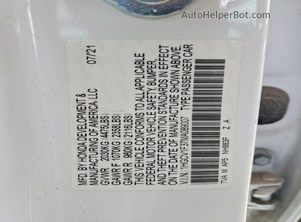 1HGCV1F37MA089007 2021 HONDA ACCORD White Engine compartment view