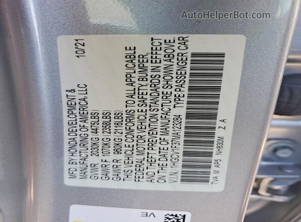 1HGCV1F37MA123284 2021 HONDA ACCORD Silver Widok komory silnika