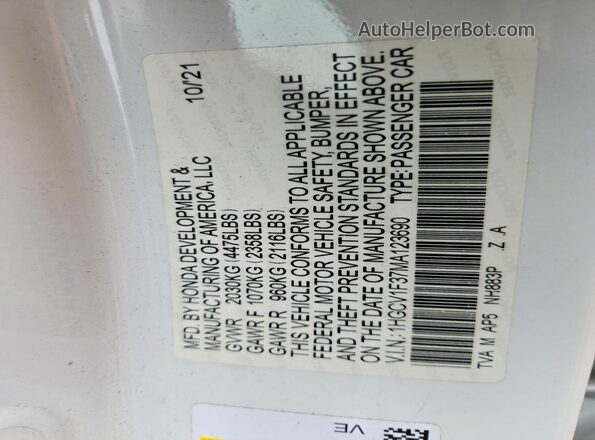 1HGCV1F37MA123690 2021 HONDA ACCORD White Vista del compartimento del motor