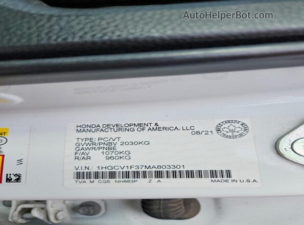 1HGCV1F37MA803301 2021 HONDA ACCORD White Vista del compartimento del motor