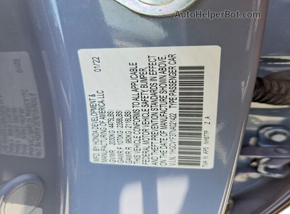1HGCV1F37NA021422 2022 HONDA ACCORD Серый Вид наклейки с VIN-кодом
