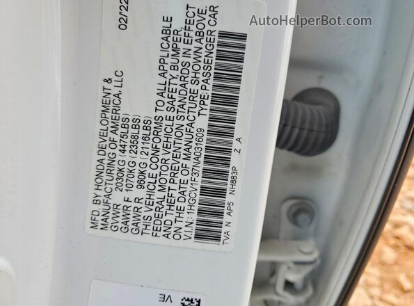 1HGCV1F37NA031609 2022 HONDA ACCORD Белый Вид подкапотного пространства