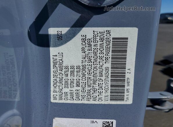 1HGCV1F37NA054369 2022 HONDA ACCORD Gray Вид наклейки з VIN-кодом