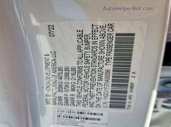 1HGCV1F37NA065596 2022 HONDA ACCORD White VIN კოდის სტიკერის ხედი