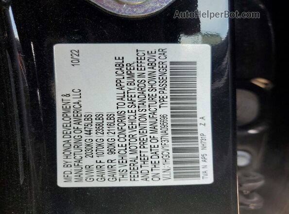 1HGCV1F37NA095696 2022 HONDA ACCORD Black VIN კოდის სტიკერის ხედი