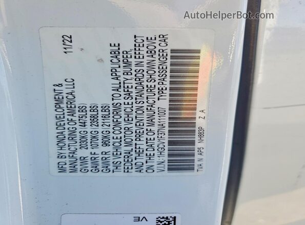 1HGCV1F37NA111007 2022 HONDA ACCORD White Widok komory silnika