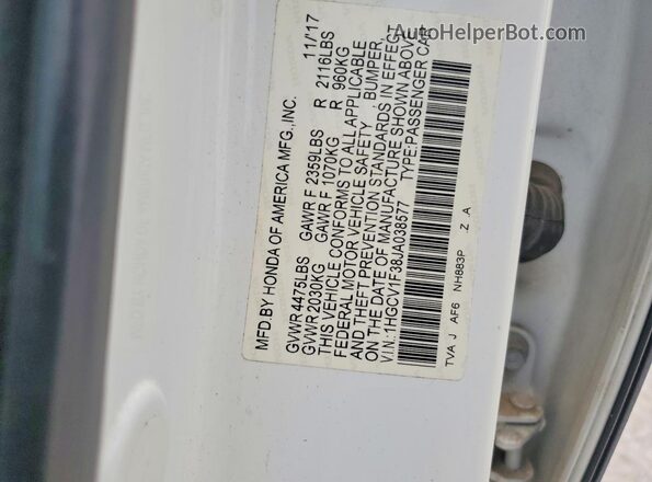 1HGCV1F38JA038577 2018 HONDA ACCORD White Vista del compartimento del motor