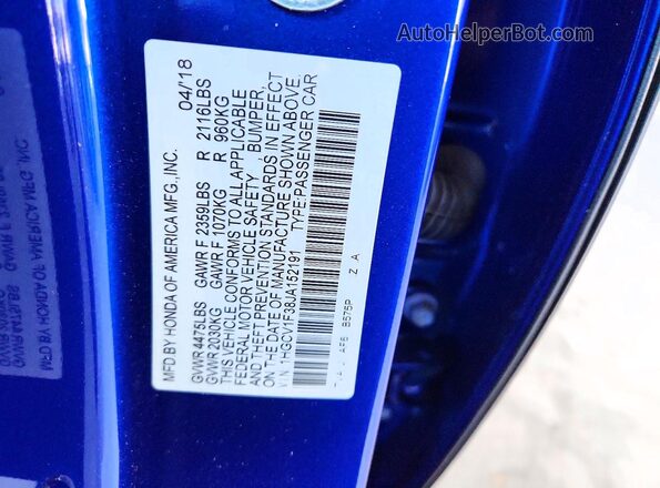 1HGCV1F38JA152191 2018 HONDA ACCORD Синий Вид наклейки с VIN-кодом