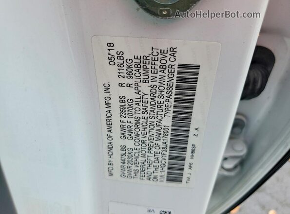 1HGCV1F38JA178001 2018 HONDA ACCORD Белый Вид подкапотного пространства