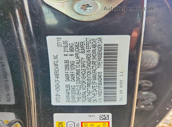 1HGCV1F38JA204015 2018 HONDA ACCORD Черный Вид подкапотного пространства