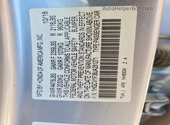 1HGCV1F38JA251271 2018 HONDA ACCORD Silver 