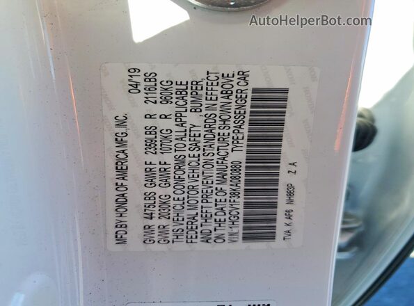 1HGCV1F38KA080880 2019 HONDA ACCORD Белый Вид подкапотного пространства