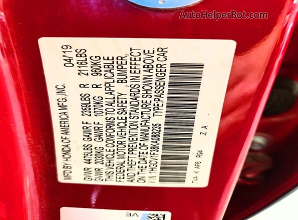 1HGCV1F38KA088235 2019 HONDA ACCORD Red Vista del compartimento del motor