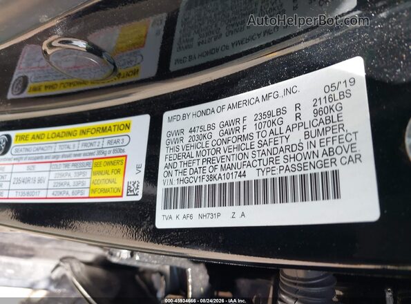 1HGCV1F38KA101744 2019 HONDA ACCORD Black ძრავის განყოფილების ხედი